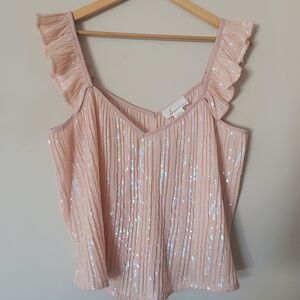 Anthropologie Women's Pink Sequined Ruffle Strap Flowy Boho Tank Top Size XL